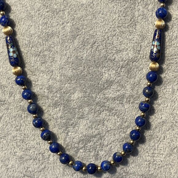 Vintage Lapis Lazuli & Cloisonné Beaded Necklace Unique Shaped 24” - Picture 1 of 13